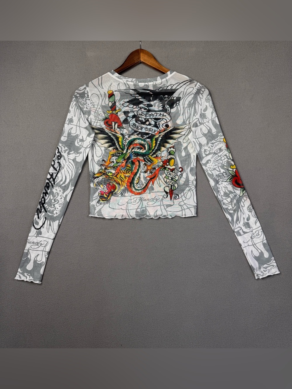 Ed Hardy Y2K Style Tattoo Mesh Long Sleeve Crop Top, Sheer Before Death Design S - Picture 9 of 16